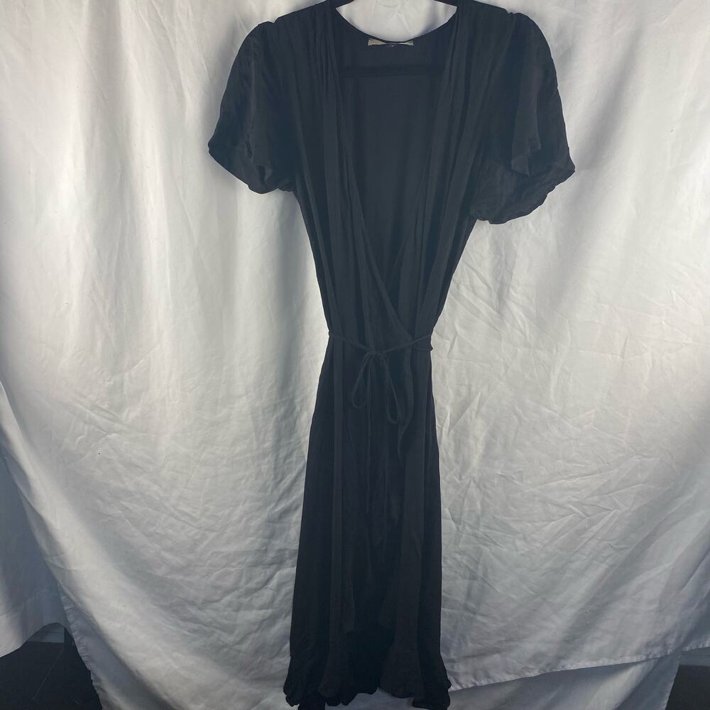 Loyd Ford Black Rayon Ruffle Wrap Midi Dress Size Small Minimalist‎ Luxury